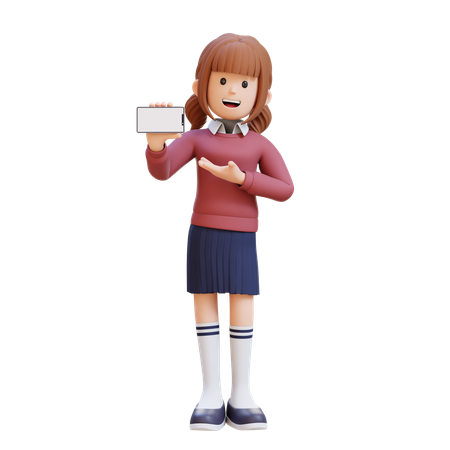 Young Girl Holding And Presenting To Smart Phone With Empty Screen  3D Illustration