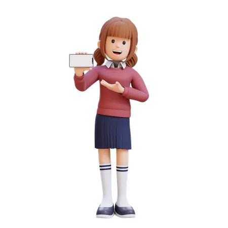 Young Girl Holding And Presenting To Smart Phone With Empty Screen  3D Illustration