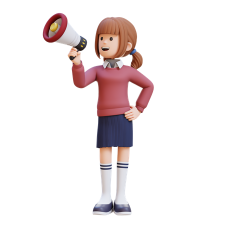 Young Girl Holding And Raise Megaphone  3D Illustration