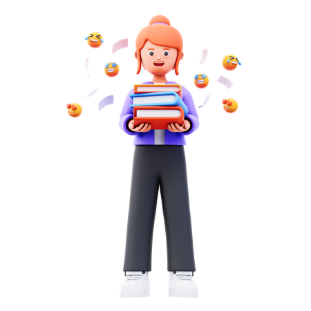 Young girl holding books while getting social media expression  3D Icon