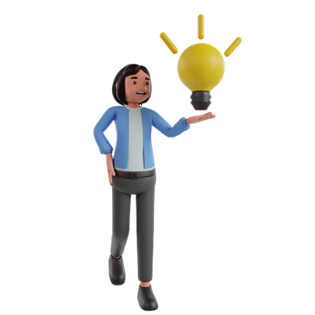 Young Girl Holding Bulb  3D Illustration