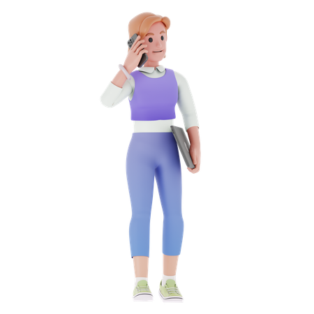 Young Girl Holding Business File And Talking On Mobile  3D Illustration