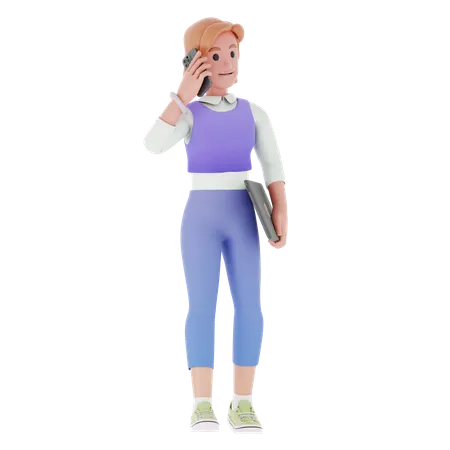 Young Girl Holding Business File And Talking On Mobile  3D Illustration