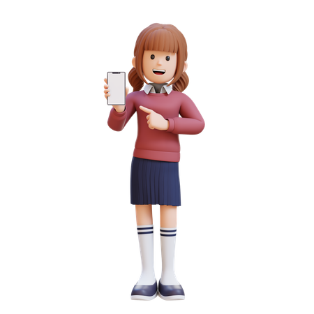 Young Girl Holding Cell Phone And Pointing To It  3D Illustration