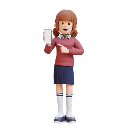 Young Girl Holding Cell Phone And Pointing To It  3D Illustration