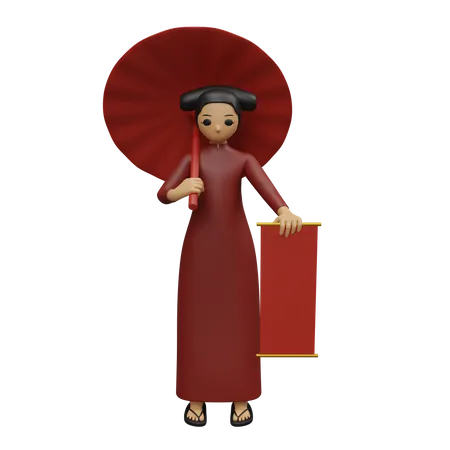 Young girl holding Chinese umbrella and banner  3D Illustration