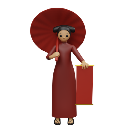 Young girl holding Chinese umbrella and banner  3D Illustration