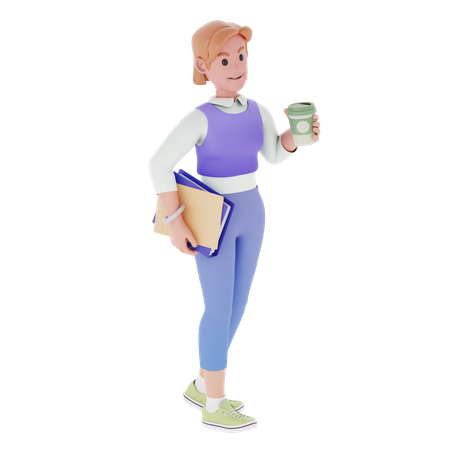 Young Girl Holding Coffee And Business Report  3D Illustration