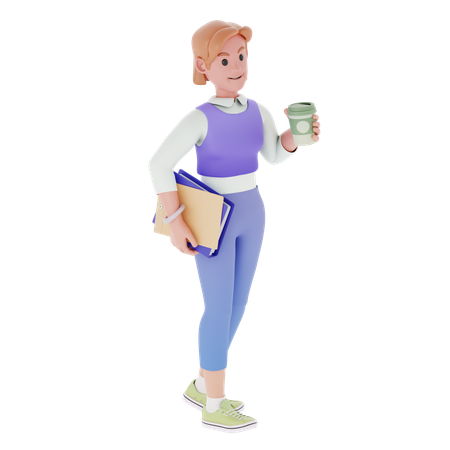 Young Girl Holding Coffee And Business Report  3D Icon