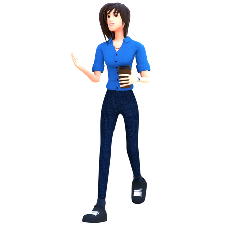 Young girl holding coffee in hand and walking  3D Icon