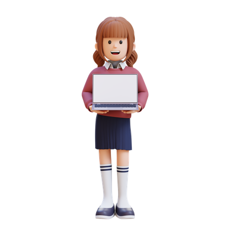 Young Girl Holding Laptop  3D Illustration