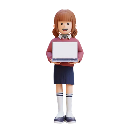 Young Girl Holding Laptop  3D Illustration