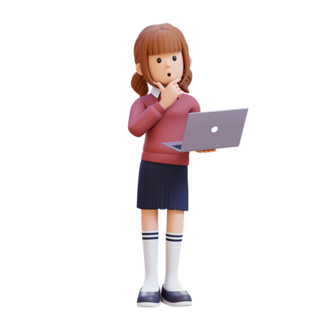 Young Girl Holding Laptop And Thinking  3D Icon