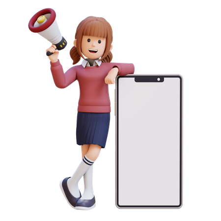メガホンを持ち、大きな携帯電話の隣に立つ少女  3D Icon