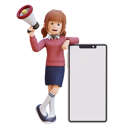 Young Girl Holding Megaphone And Standing Next To Big Cell Phone  3D Illustration