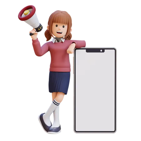 Young Girl Holding Megaphone And Standing Next To Big Cell Phone  3D Illustration
