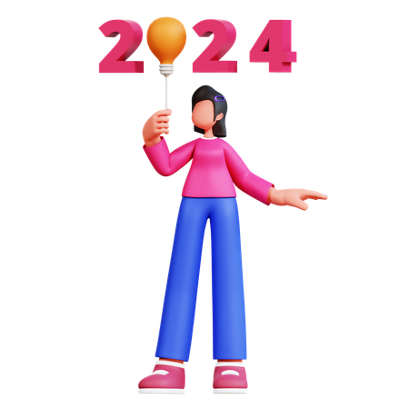 Young Girl Holding New Year 2024 Balloon  3D Illustration