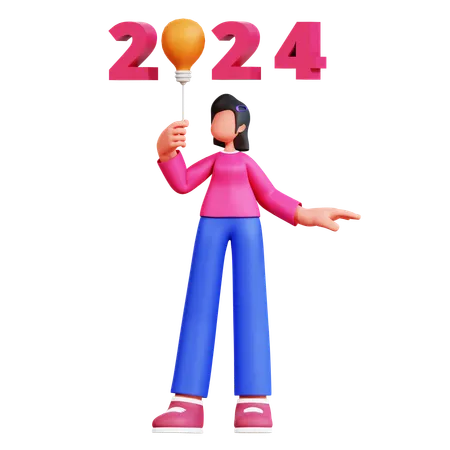 Young Girl Holding New Year 2024 Balloon  3D Illustration