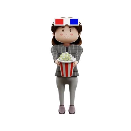 Young girl holding popcorn box 3D Illustration