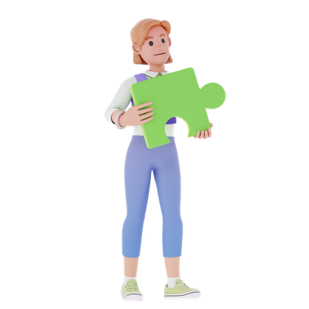 Young Girl Holding Puzzle Piece  3D Illustration