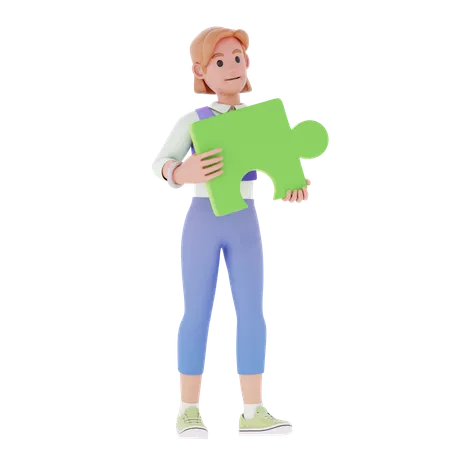Young Girl Holding Puzzle Piece  3D Illustration