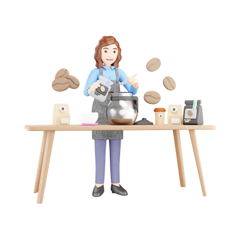 Young girl is making coffee in coffee jug  3D Illustration