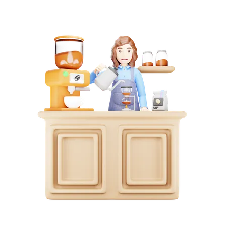 Young girl is making coffee on burner  3D Illustration