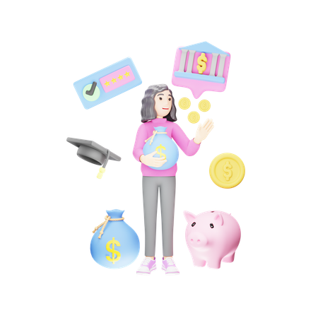 Young girl is paying her annual fees in bank  3D Icon