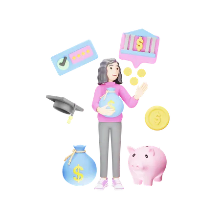 Young girl is paying her annual fees in bank  3D Illustration