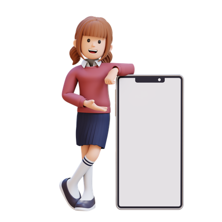 Young Girl Laying And Presenting On Big Smart Phone With Empty Screen L  3D Icon
