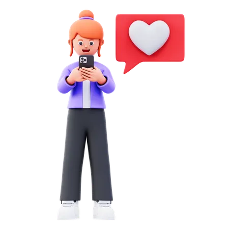 Young girl live comment on social media using mobile  3D Illustration