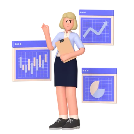 Young Girl Making Data Analytics Report  3D Illustration
