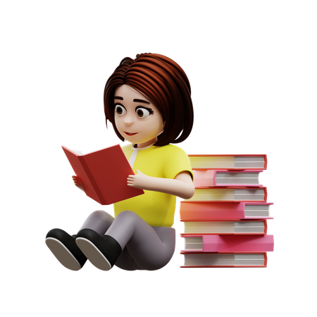 Young girl reading book  3D Illustration