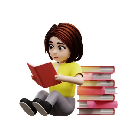 Young girl reading book  3D Illustration