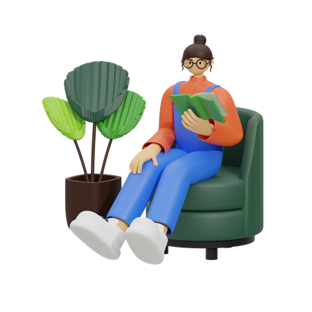 Young girl reading book a while sitting on sofa  3D Illustration