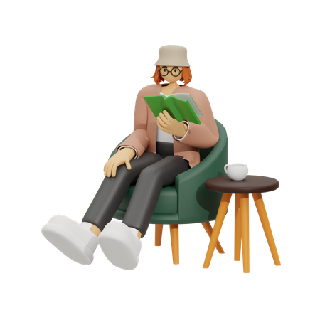 Young girl reading book a while sitting on sofa  3D Illustration