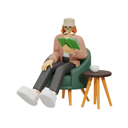 Young girl reading book a while sitting on sofa  3D Illustration