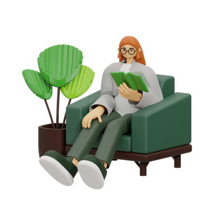 Young girl reading book a while sitting on sofa  3D Illustration