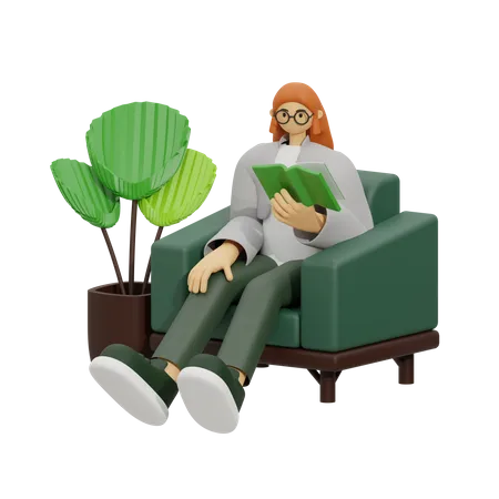 Young girl reading book a while sitting on sofa  3D Illustration