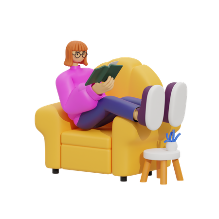 Young girl reading book a while sitting on sofa  3D Illustration