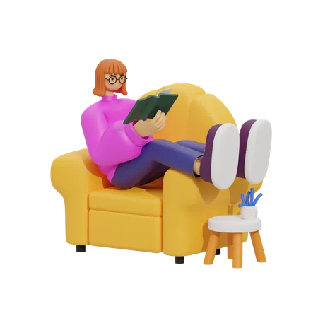 Young girl reading book a while sitting on sofa  3D Illustration