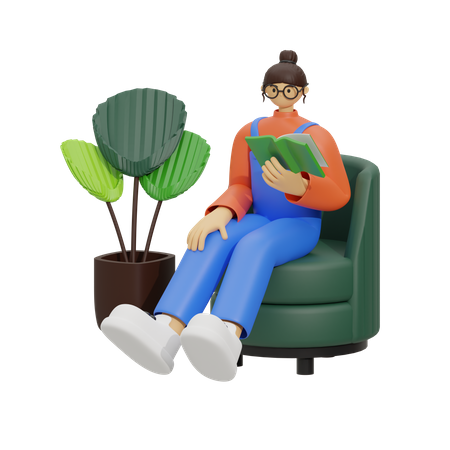 Young girl reading book a while sitting on sofa  3D Illustration