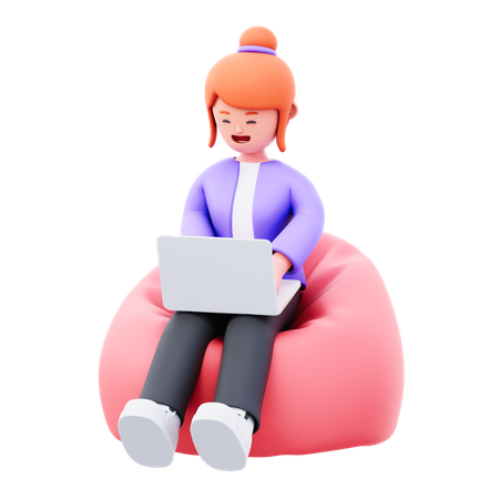 Young girl relaxing while working on laptop  3D Illustration
