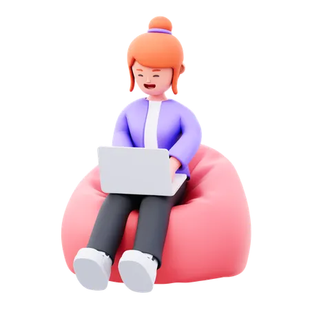Young girl relaxing while working on laptop  3D Illustration