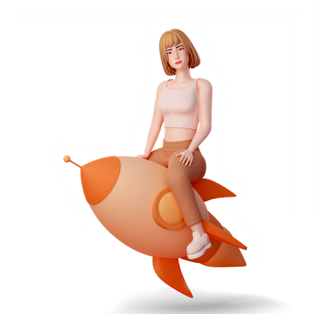 Young girl Riding on Rocket  3D Illustration