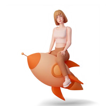 Young girl Riding on Rocket  3D Illustration