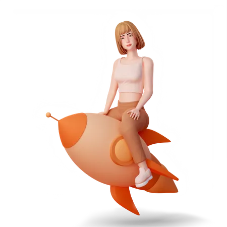Young girl Riding on Rocket 3D Illustration