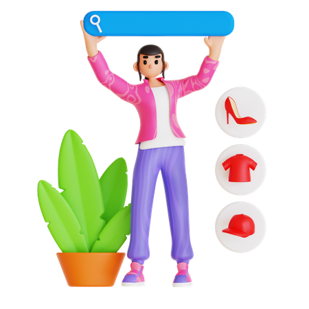 Young Girl Searching Shopping Item  3D Illustration