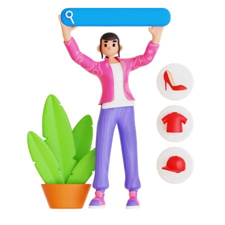 Young Girl Searching Shopping Item  3D Illustration