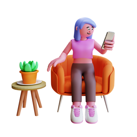 Young Girl Sit On Sofa And Using Smartphone  3D Illustration